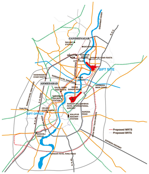 Location of GIFT City on map of Ahmedabad and Gandhinagar, Gujarat
